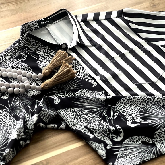 ⚫️ NWOT ⚪️ Button Down Lightweight Collared Shirt with Split Stripes & Leopards - Picture 1 of 7